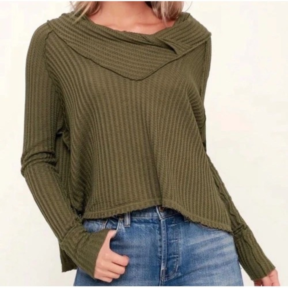 We The Free People Wildcat Cowl Neck Thermal‎ Top Green Boho Oversized Shirt L